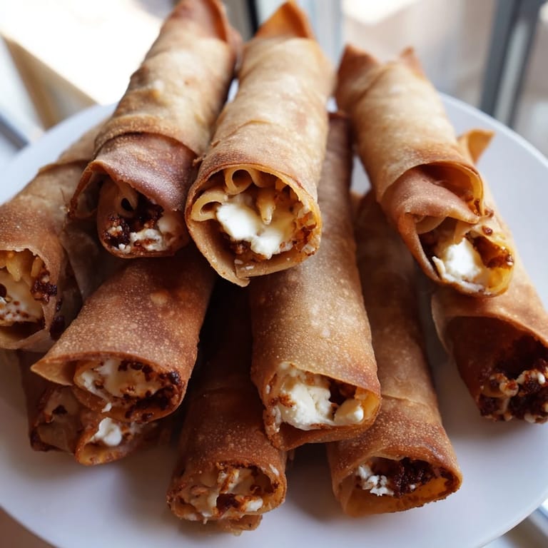 Deliciously fried Tinis Mac and Cheese Lumpia Rolls served on a plate, perfect as a snack or appetizer.