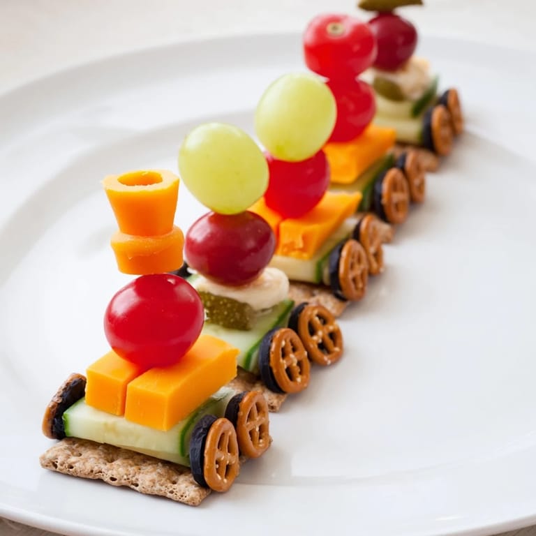 Enjoy a fun-shaped Choo Choo Train Snack Track—crackers, veggies, and cheese make a healthy treat.