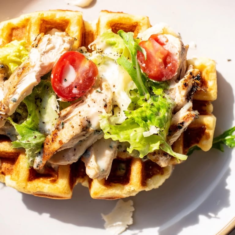 Juicy grilled chicken and creamy Caesar salad fill a Chicken Caesar Waffle Sandwich, ready to eat.