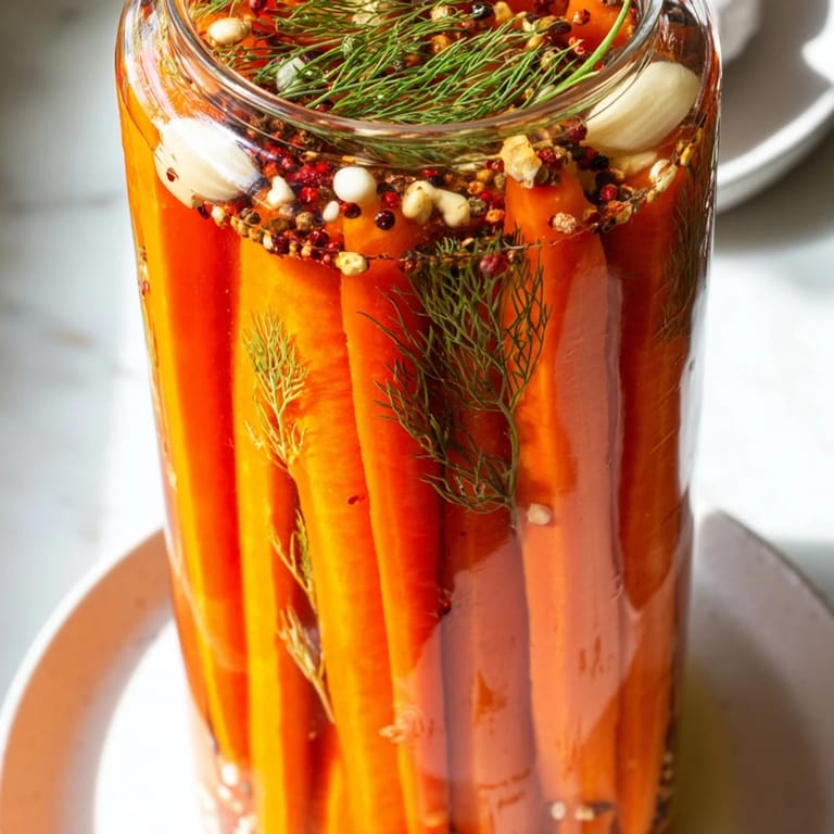 Close-up of vibrant Quick Pickled Carrot Spears, showing the crunchy texture and spices in the brine.
