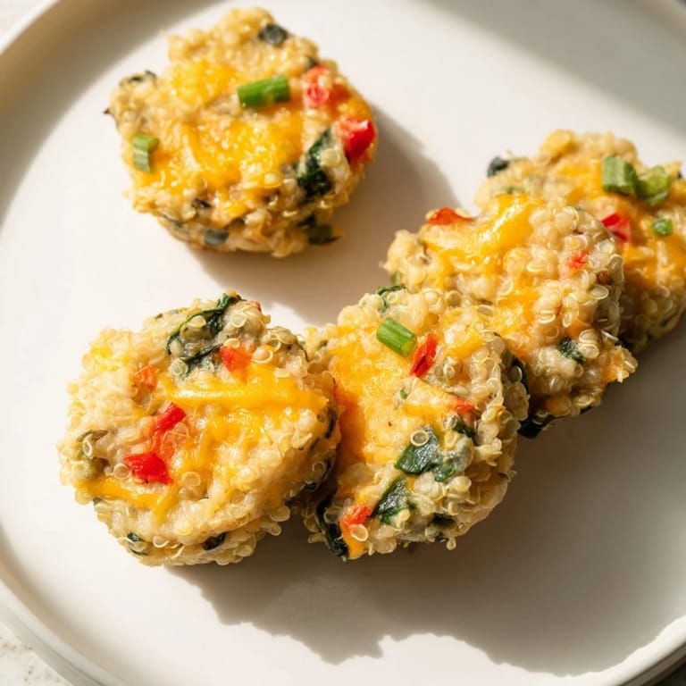 Enjoy warm, protein-packed Baked Cheddar Quinoa Bites featuring tender vegetables; a perfect appetizer.