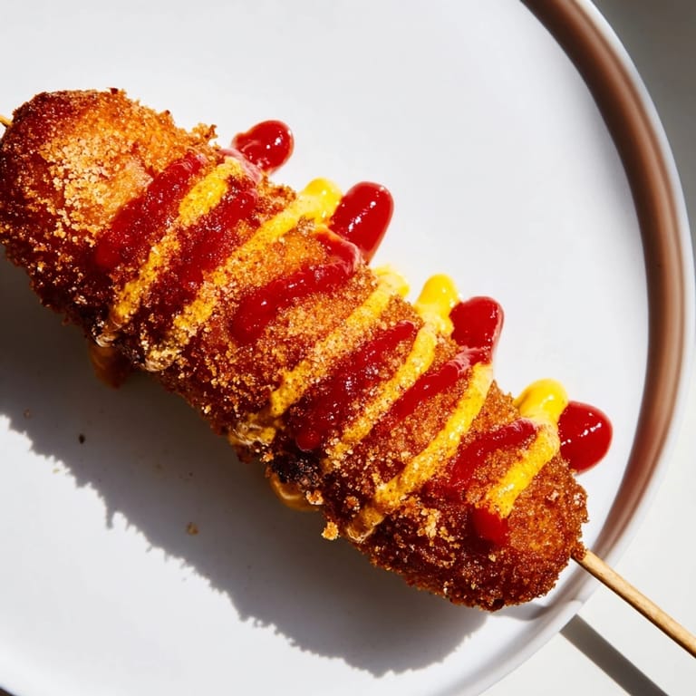 A close-up of delicious Korean-inspired corn dogs in a serving dish, ready to eat and share.