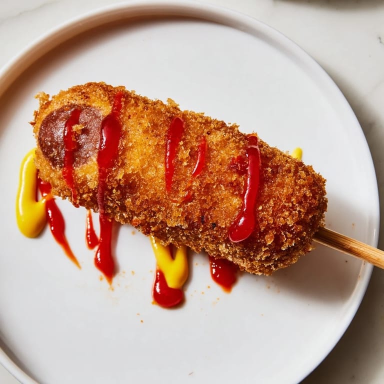 See the sweet, savory combination: freshly fried Korean corn dogs, perfect handheld street food.