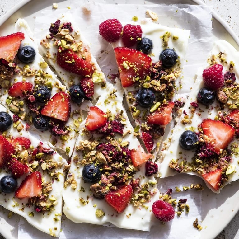 Creamy Greek yogurt layered with berries, creating a beautiful Berry Yogurt Bark for a healthy snack.