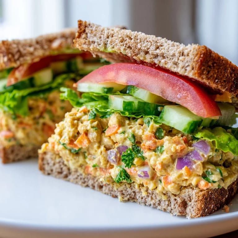 Close-up photo of a healthy and delicious chickpea salad sandwich on whole grain bread.