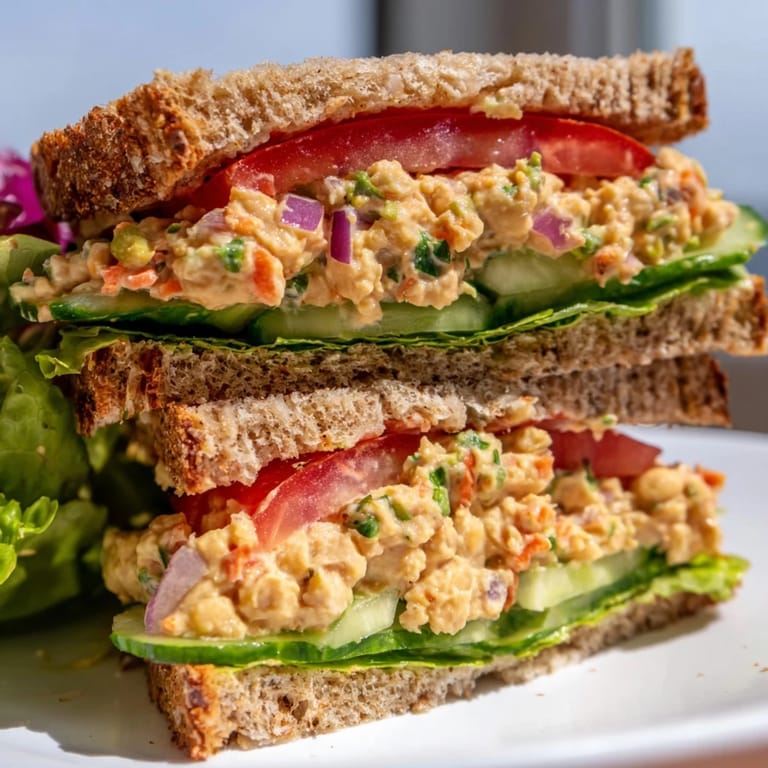 A finished easy chickpea salad sandwich, packed with flavors, perfect for a quick vegan lunch.