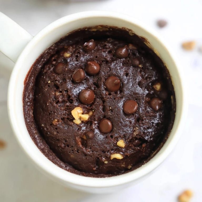 Warm and decadent 2-minute mug brownie, perfectly fudgy and chocolatey with added chocolate chips.