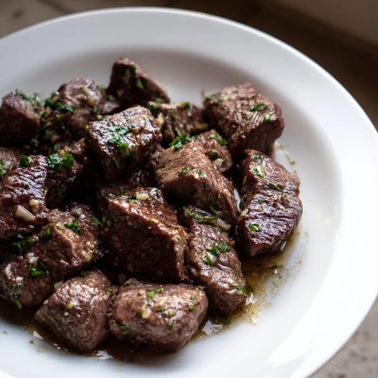 Savory Air-Fryer Garlic-Butter Steak Bites, perfectly cooked and coated in rich, melted garlic butter.