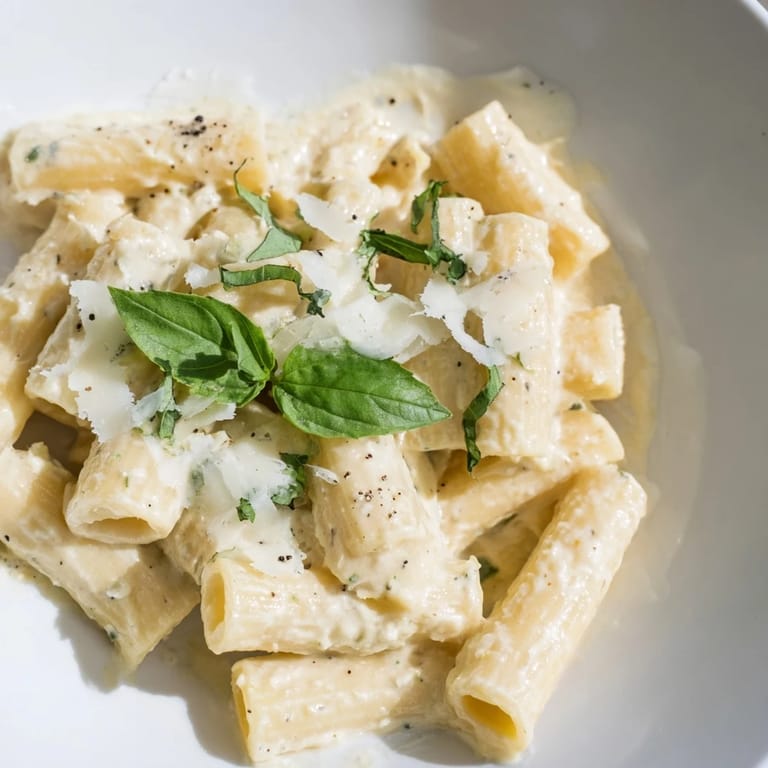 Serving suggestion: A warm bowl of Creamy Cottage Cheese Pasta, garnished with Parmesan cheese and red pepper flakes.