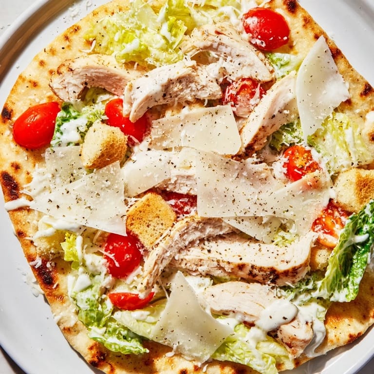 Golden, crispy Chicken Caesar Flatbread topped with fresh romaine, Parmesan, and juicy cherry tomatoes.