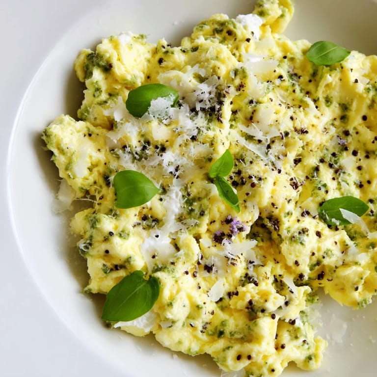 Enjoy creamy, herb-infused Pesto Cottage Cheese Eggs; the perfect easy, gluten-free vegetarian breakfast loaded with protein.