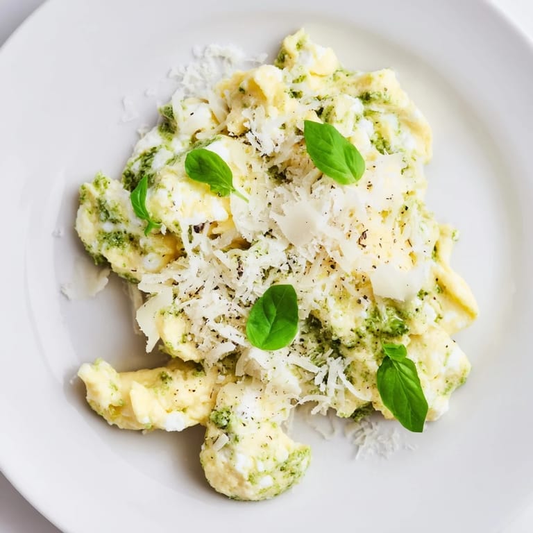 Scrumptious Pesto Cottage Cheese Eggs, ready to eat, served with fresh basil and crusty toast for a filling brunch.