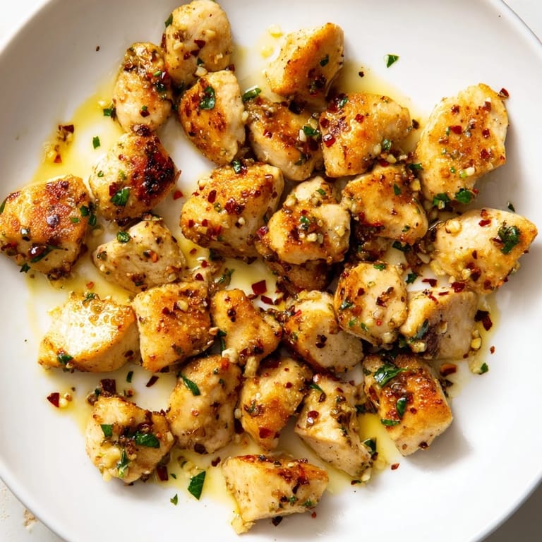 A close-up of tender garlic butter chicken bites, with fresh parsley, creating a flavorful meal.