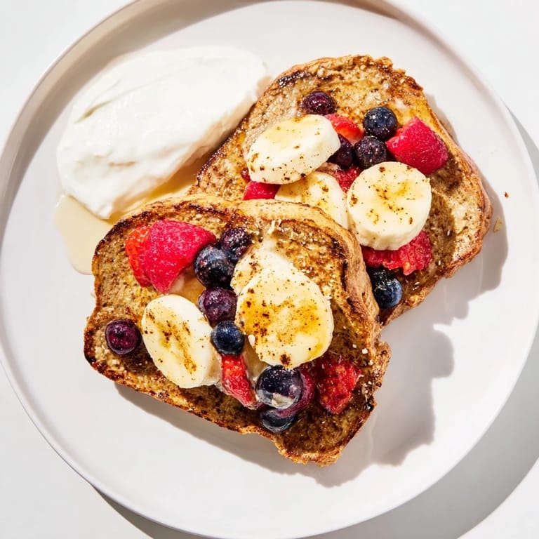 Picture perfectly cooked protein French toast, its custardy interior topped with sliced bananas for flavor.