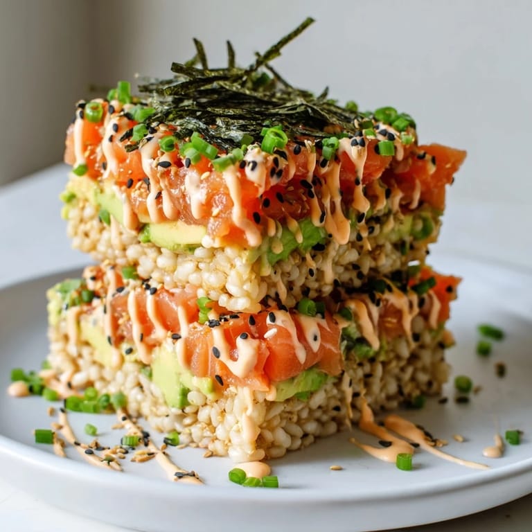 A visually appealing crispy rice salmon stack, stacked high with flavorful salmon and sesame seeds.