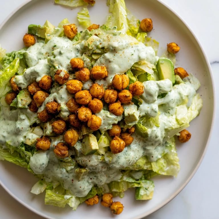A colorful bowl of Green Goddess Salad, showcasing crispy chickpeas and fresh, chopped vegetables.