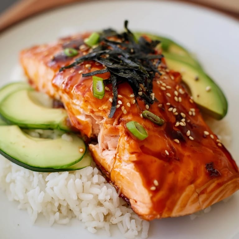 A beautifully arranged Emily Mariko-Inspired Sticky Orange Gochujang Salmon Bowl with tender salmon and fresh toppings, ready to enjoy.
