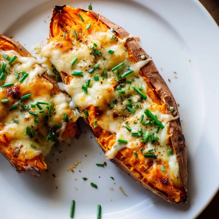 Warm, creamy melted cheese oozes from inside a perfectly baked Sweet Potato & Cheese Whole Roast.