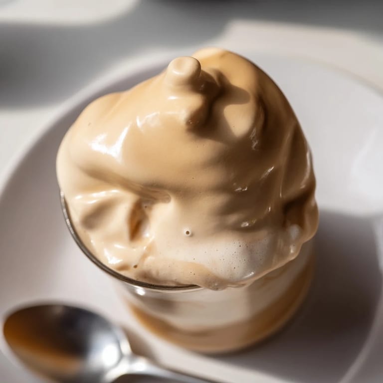 Enjoy a photo of homemade, vanilla-infused Starbucks cold foam, lightly spooned over a dark, chilled iced coffee.