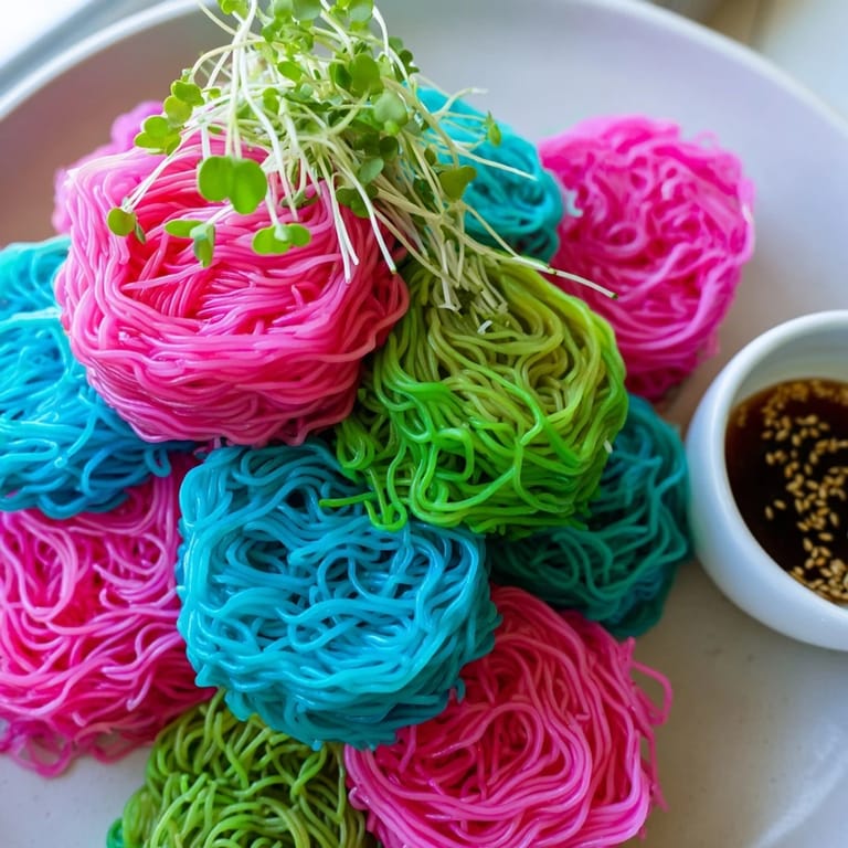 Close-up of freshly prepared Neon Noodle Clouds, a fun vegan appetizer with a soy dipping sauce.