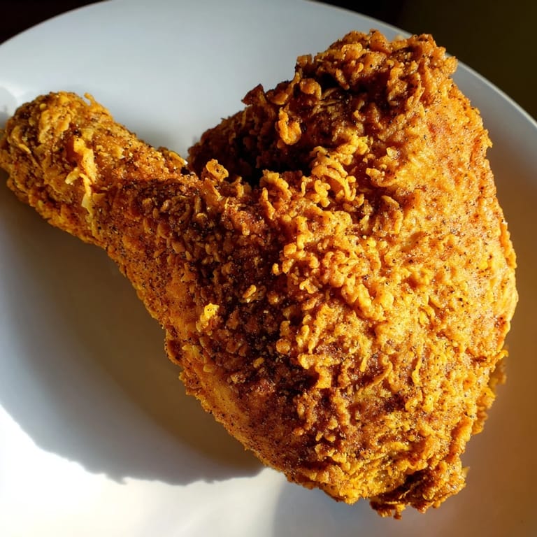 Close-up of perfectly fried KFC Crispy Chicken showing the flavorful, seasoned, and crispy coating.