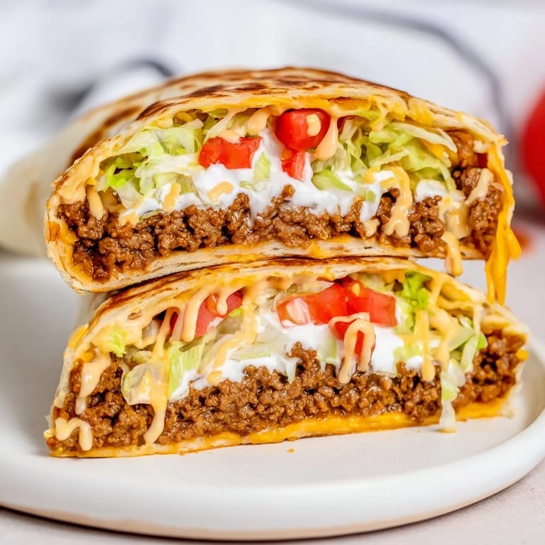 Golden-brown Taco Bell Crunchwrap Supreme, sliced to show layers of seasoned beef and fresh toppings inside.