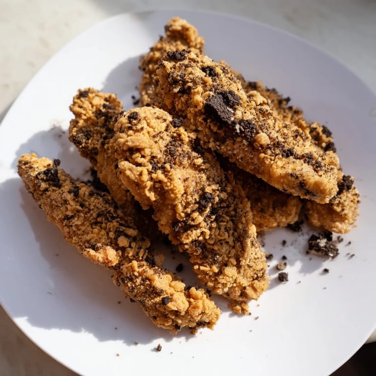 Close-up of freshly fried DIY KFC Oreo Krusher-inspired fried chicken tenders, perfectly coated and ready to eat.