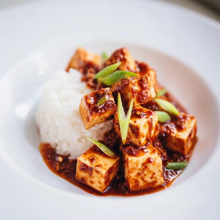 Close-up of a richly flavored Chinese Mapo Tofu dish, with vibrant red chili oil adding heat.