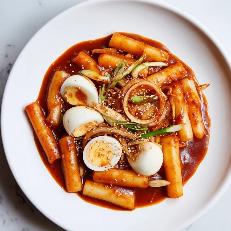 A close-up of delicious Korean Tteokbokki: chewy rice cakes coated in spicy, sweet gochujang.