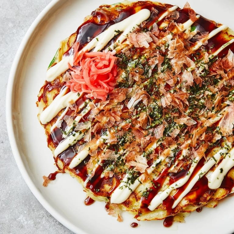 Freshly cooked Okonomiyaki Pancakes, packed with cabbage and shrimp, are drizzled with okonomiyaki sauce for a flavorful bite.