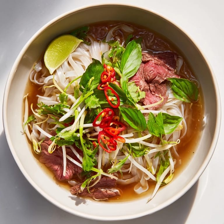 Fragrant Vietnamese Pho Express: a warm, savory broth over noodles with thinly sliced beef and fresh garnishes.