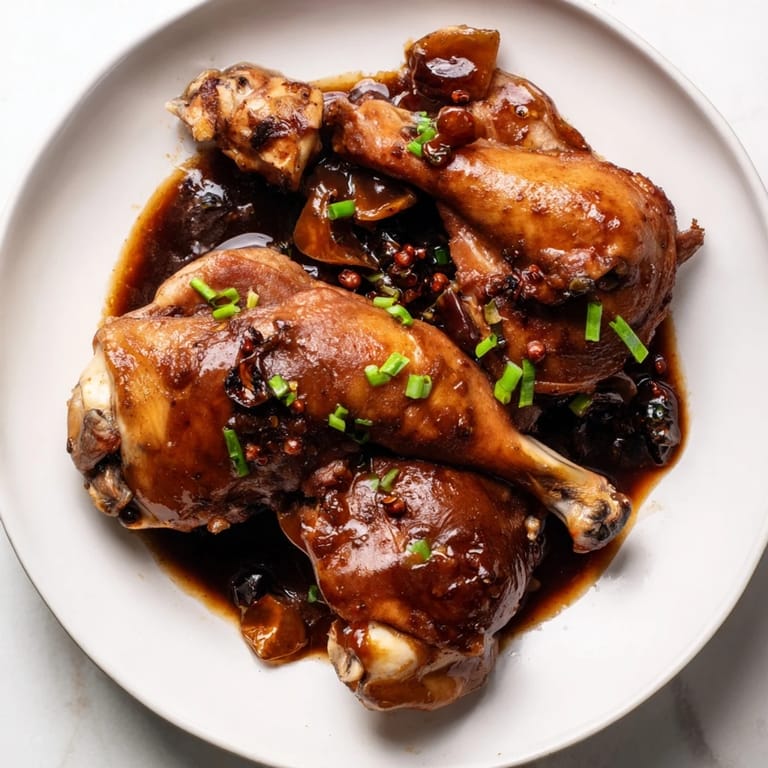 Golden-brown chicken pieces in a savory Filipino Adobo sauce, bubbling in a Dutch oven, so flavorful.