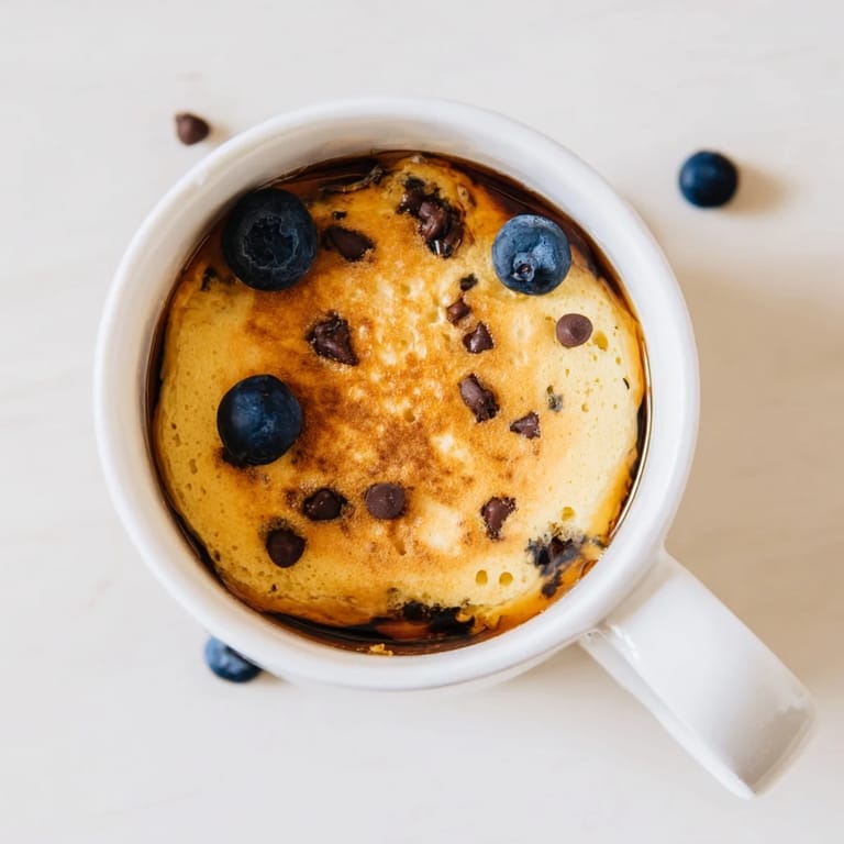 Ready to enjoy Microwave Mug Pancake served warm with a drizzle of maple syrup.