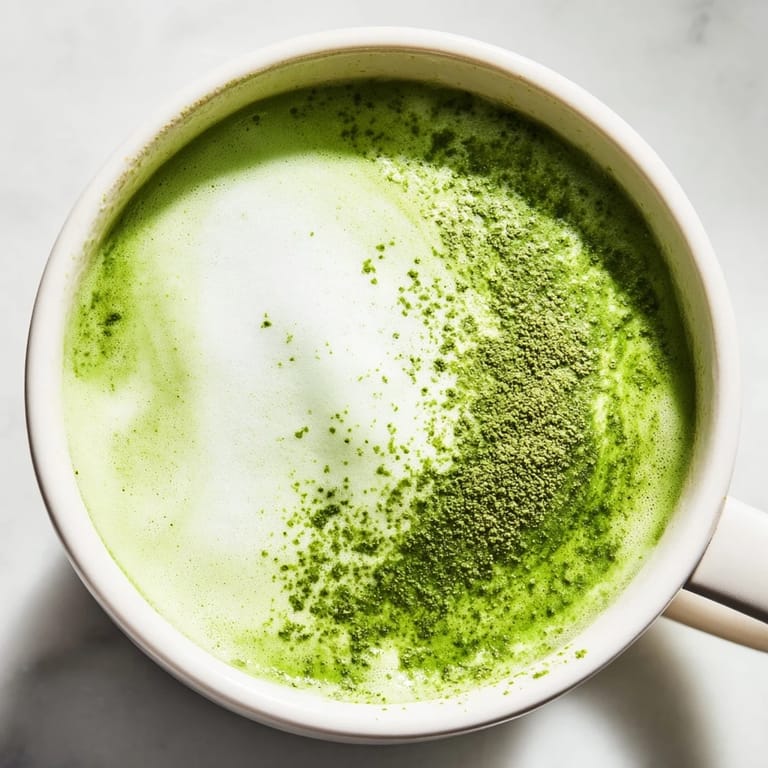 Whisked Matcha Green Tea Latte in a glass mug, showing beautiful layers of green tea and frothed milk with morning light.