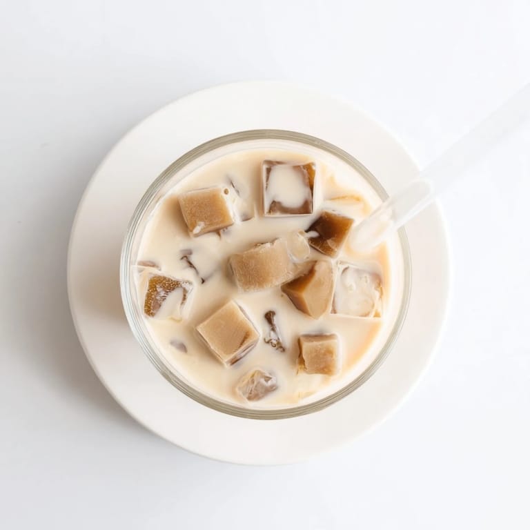 Homemade coffee jelly cubes suspended in creamy milk over ice, perfect for a summer afternoon pick-me-up.