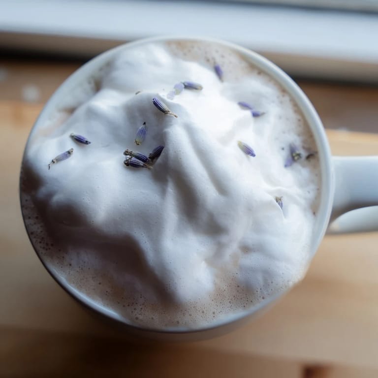 Homemade Whipped Lavender Latte with aromatic foam and a hint of floral sweetness.