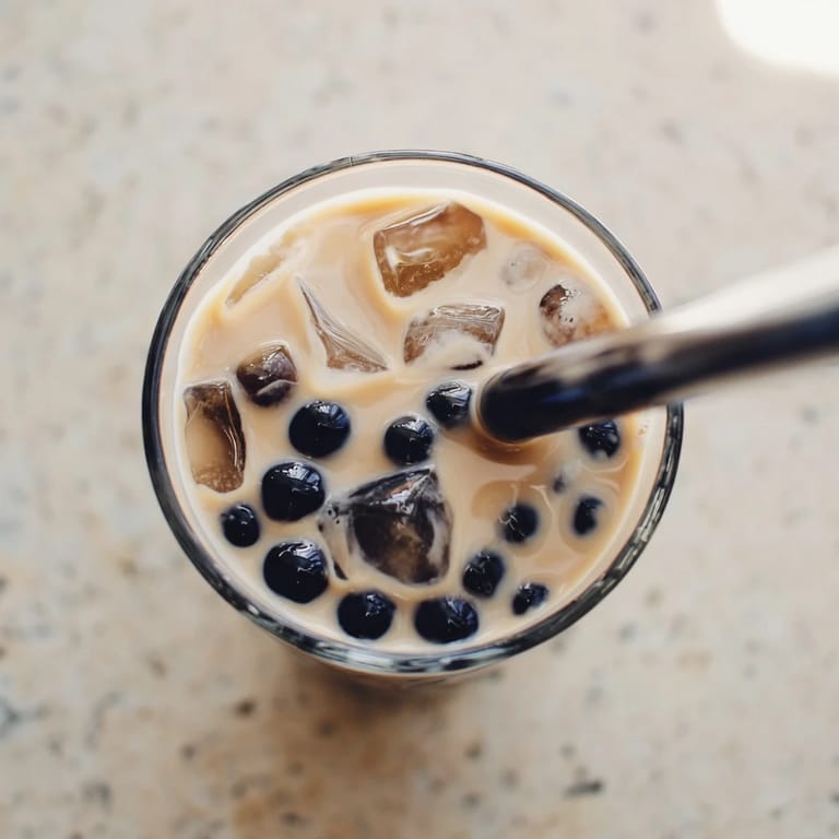 A single glass of Boba Tea Hack showcases sweetened condensed milk swirls and soft, chewy pearls in creamy tea.