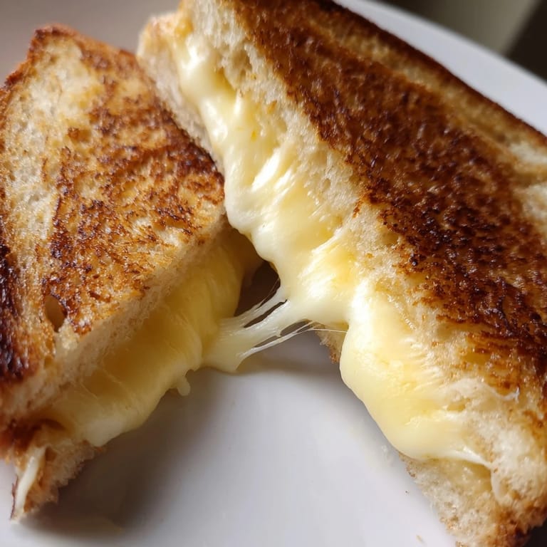 A close-up of a Three-Cheese Grilled Cheese sandwich, showing a gooey blend of three cheeses between two buttery, toasted bread slices.