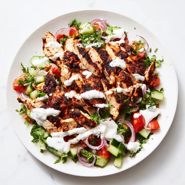 A bright and healthy Chicken Shawarma Salad, showcasing tender grilled chicken, fresh vegetables, and a cool yogurt dressing ready to serve.
