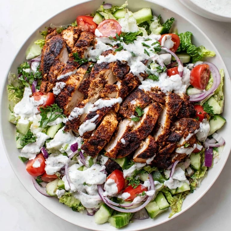 Freshly prepared Chicken Shawarma Salad features marinated grilled chicken, crisp mixed greens, and a tangy yogurt sauce for a vibrant meal.  