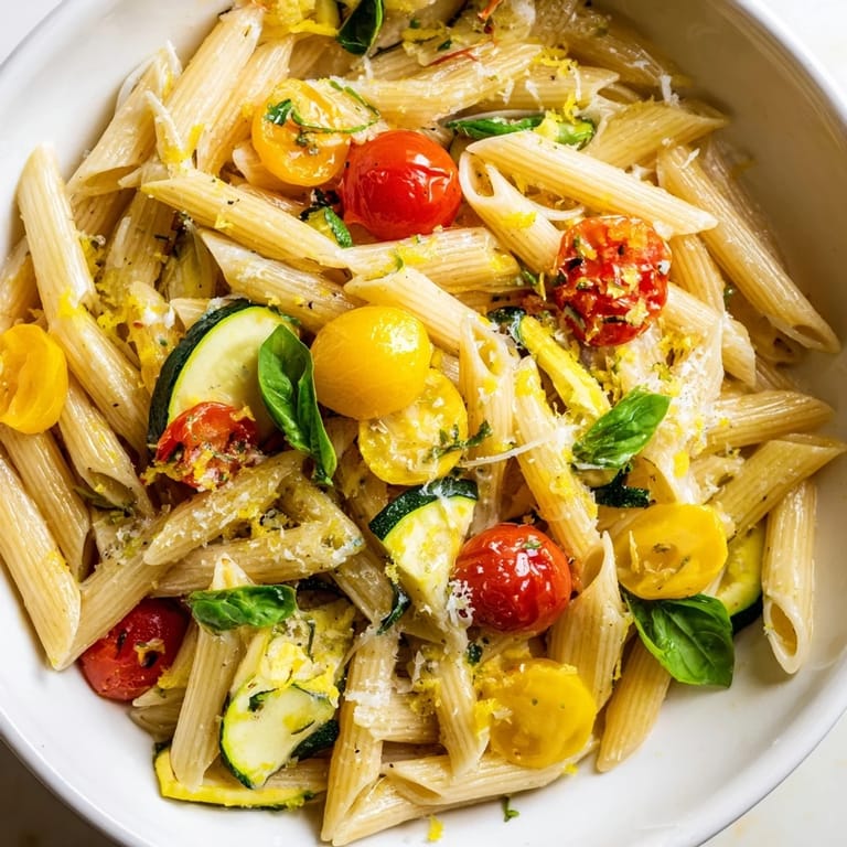 Forkful of Garden Veggie Pasta featuring juicy halved tomatoes, fresh basil, and a light, silky sauce.