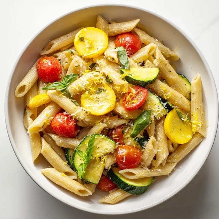 Garden Veggie Pasta served in a warm bowl, topped with Parmesan and lemon zest, ideal for summer dinners.