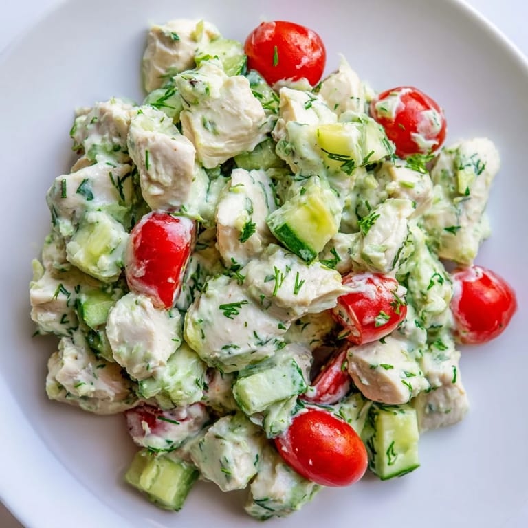 Bright halved cherry tomatoes and diced cucumbers add crisp texture to this Avocado Ranch Chicken Salad, served on mixed greens for a light lunch.  
