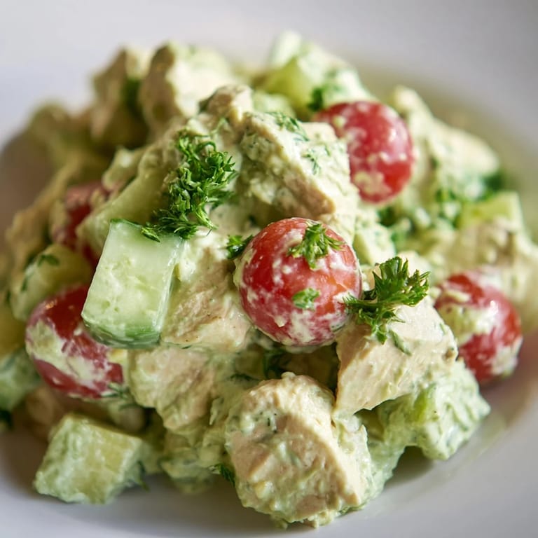 Savory Avocado Ranch Chicken Salad with tender chicken, herbs, and a drizzle of creamy avocado ranch dressing, perfect for a quick dinner.