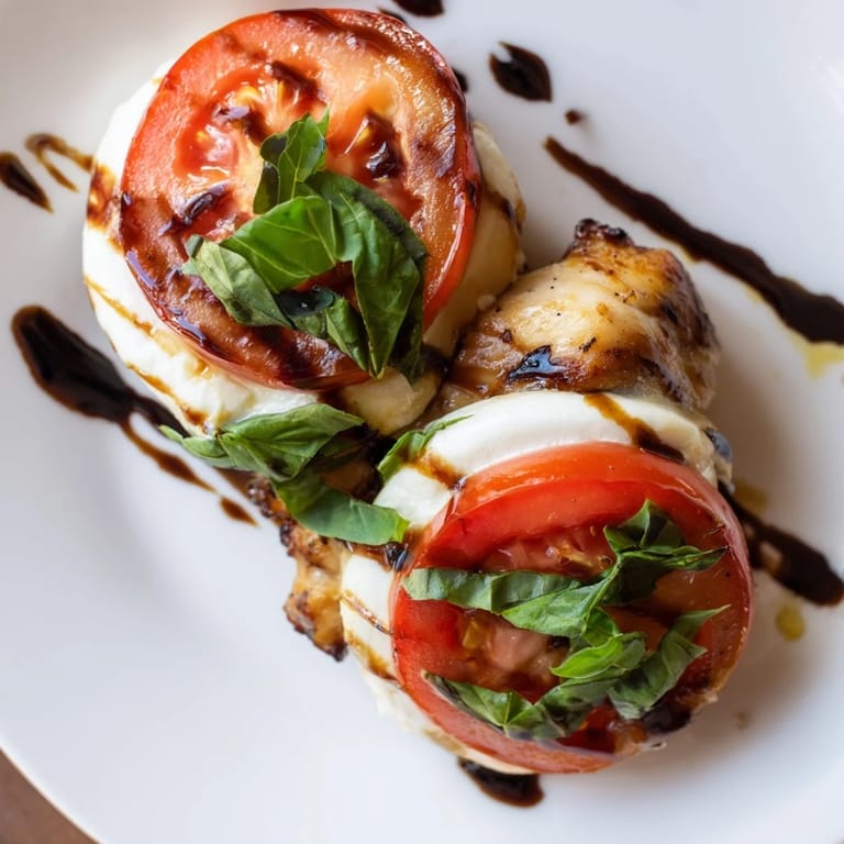 Caprese Chicken Skillet in a hot pan, featuring bubbly cheese, vibrant tomatoes, and a tangy balsamic drizzle over tender chicken.