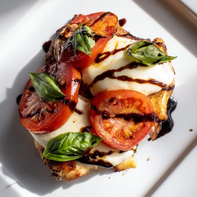 Sizzling Caprese Chicken Skillet served with fresh basil and melted mozzarella, ready to pair with a green salad or crusty bread.