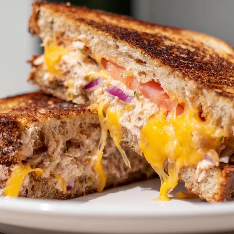 A close-up view of a Spicy Tuna Melt, featuring a crispy crust, melted pepper jack cheese, and a spicy tuna filling.
