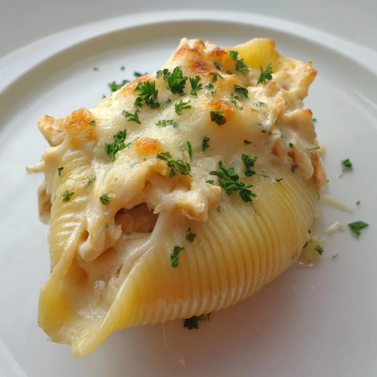 Close-up of tender jumbo shells filled with creamy chicken Alfredo, topped with bubbling melted cheese.