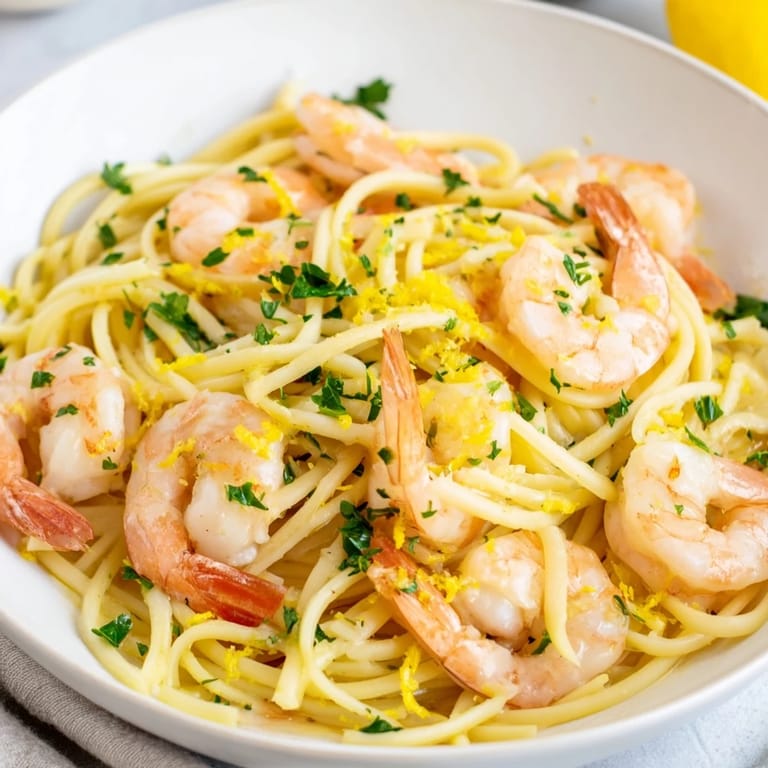 Savory Lemon Garlic Shrimp Pasta served in a bowl with grated Parmesan and a glass of crisp white wine nearby.