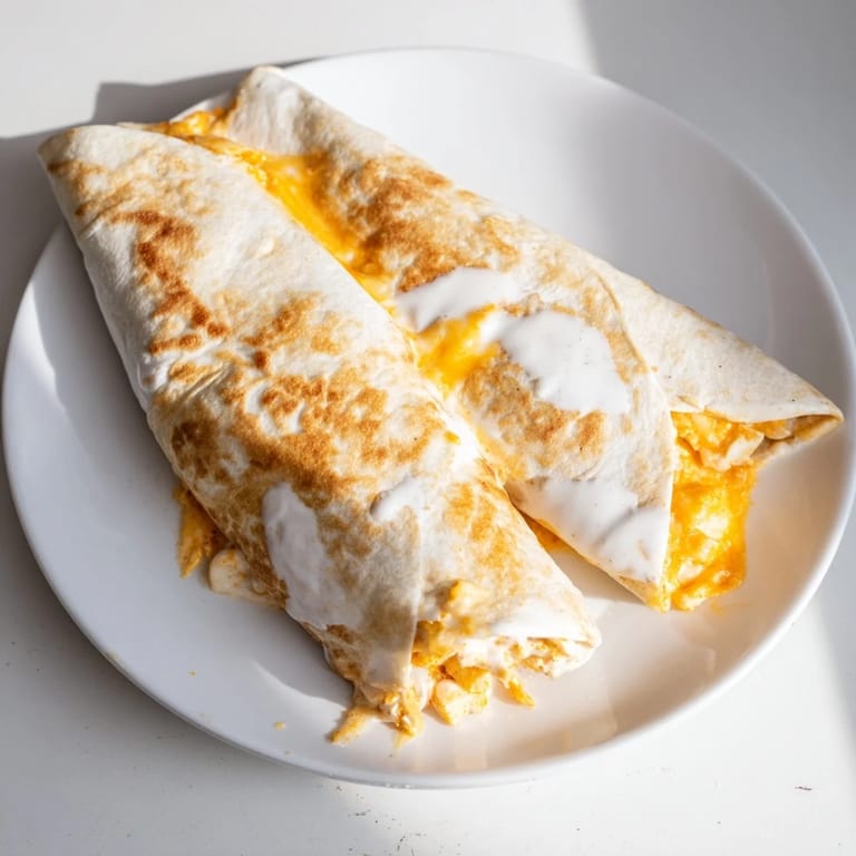 Golden-brown Buffalo Ranch Chicken Wrap sliced in half, revealing layers of spicy chicken, creamy ranch, and crunchy lettuce inside.